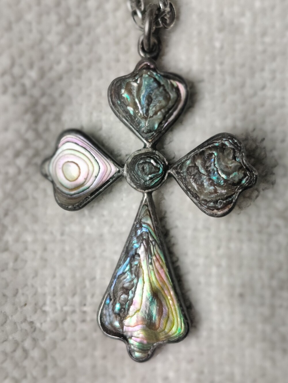 Vintage Abalone Shell Cross Pendant Necklace 925 Sterling Silver Chain Mexico
